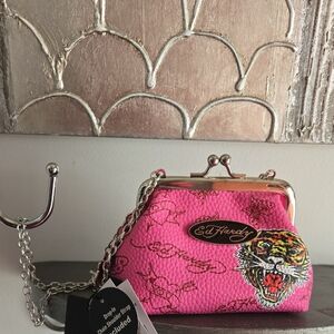 Ed Hardy Pink Clutch with Tiger Design Silver Chain